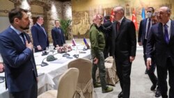 Президент Турции Реджеп Эрдоган (третий справа) приветствует участников переговоров в стамбульском дворце Долмабахче