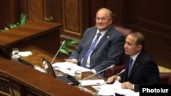 Armenia -- Speaker Hovik Abrahamian (R) chairs a parliament session, 23May2011.