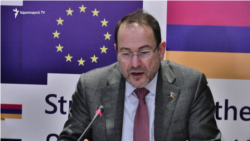 Armenia --Luc Devigne of the European External Action Service speaks at a press conference in Yereva, 26Nov2019.