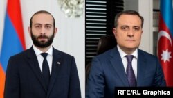 Armenia -- Foreign Ministers Ararat Mirzoyan (left) of Armenia and Jeyhun Bayramov of Azerbaijan.