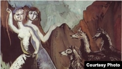 "Белые девушки и черные волки", 1965 год, 65 х 50, бумага, гуашь