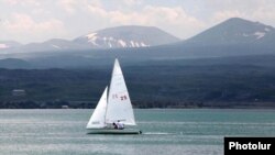 Armenia - A sailboat on Lake Sevan.