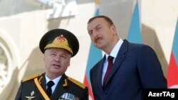 Azerbaijan – Defense Minister Safar Abiyev and President Ilham Aliyev at military parade in Baku to mark 93rd anniversary of Armed Forces, 26Jun2011