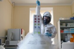 Ресейдің Гамалея атындағы ұлттық эпидемиология және микробиология орталығының қызметкері зертханада жұмыс істеп жатыр.